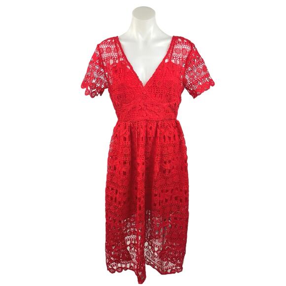 o.p.t Women's Red V-Neck Short Sleeve Back Zipper Lace Fit & Flare Midi Dress S - Picture 1 of 5